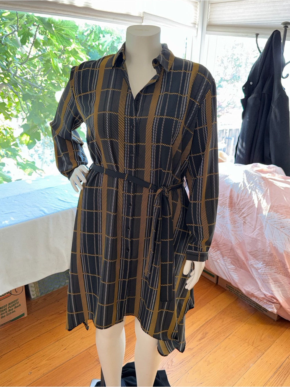 KOTON Asymmetrical Belted Shirt Dress Green Black & Mustard Plaid Sz 12